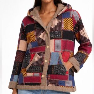 Patchwork Pattern Hooded Jacket Open front button down Sherpa jacket